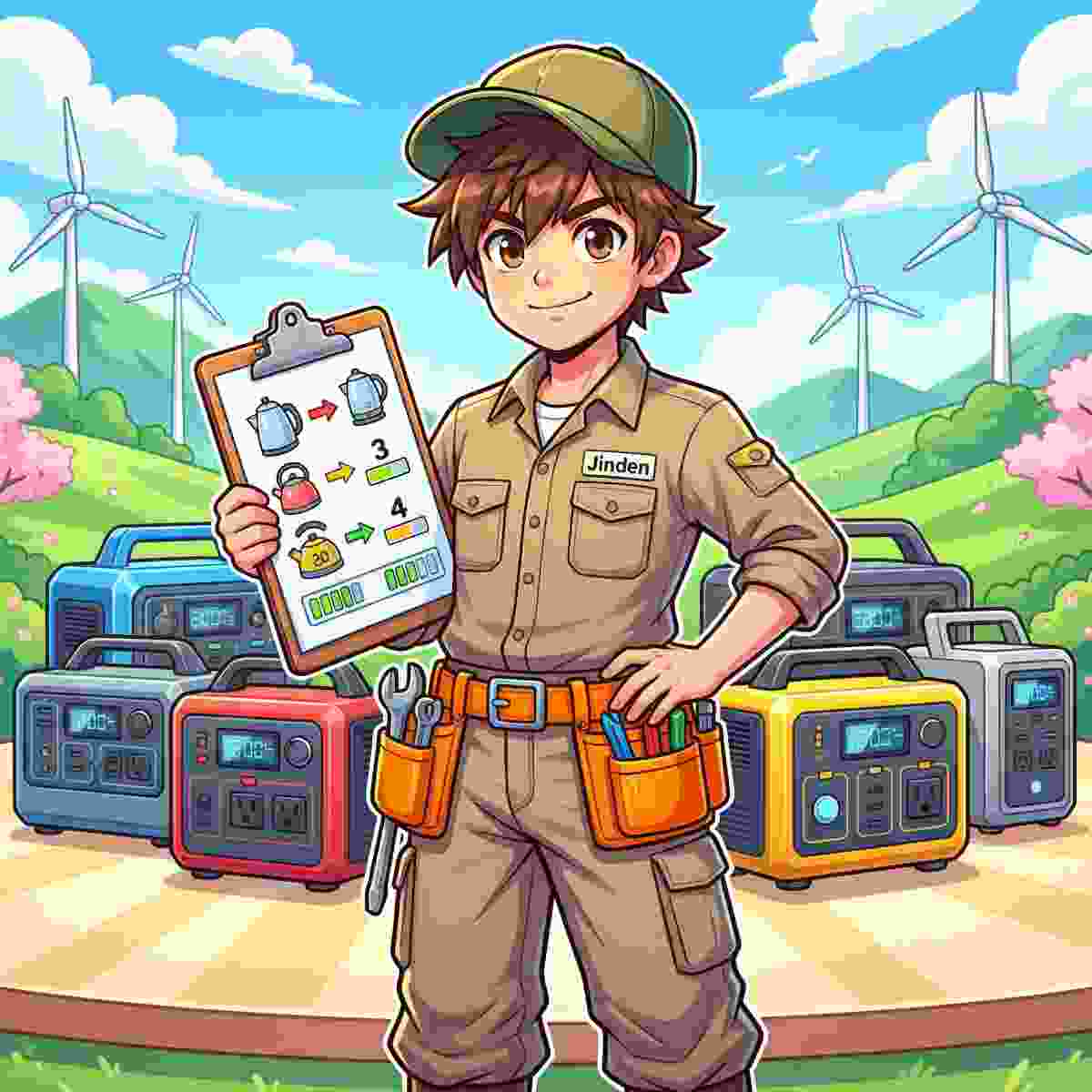 複数のポータブル電源を背景にクリップボードの計算表で湯沸かし回数を説明するジンデンのイラスト