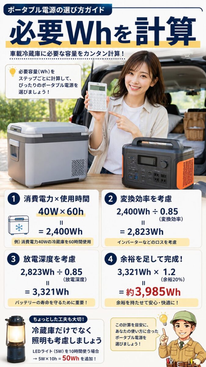 車載冷蔵庫の平均消費電力からポータブル電源の必要Wh数を計算する画像