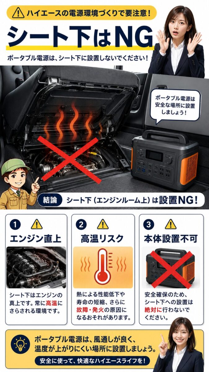 ハイエースの助手席シート下がエンジンルームのためポータブル電源を設置できないことを示す画像