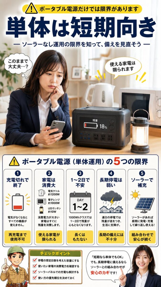 ソーラーなしのポータブル電源だけでは長期利用に限界があることを示す画像