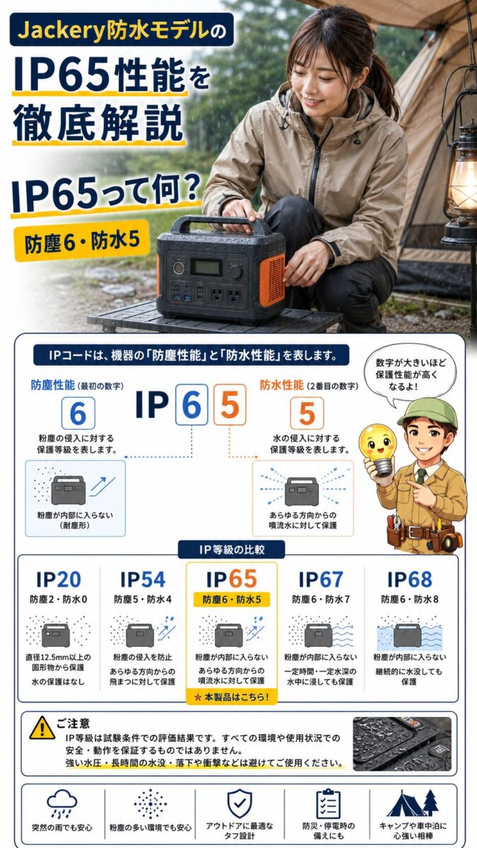IP65の防塵防水性能とIPコードの読み方を雨のキャンプ場で確認する