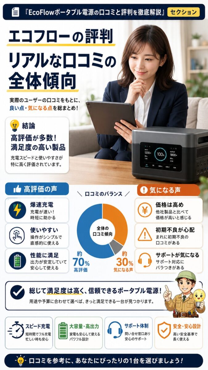 EcoFlowポータブル電源の口コミ傾向を良い評価と悪い評価に分けて紹介する縦長画像