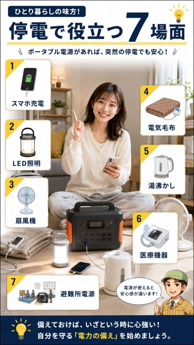 ポータブル電源が停電時に役立つ7つの場面をまとめた画像