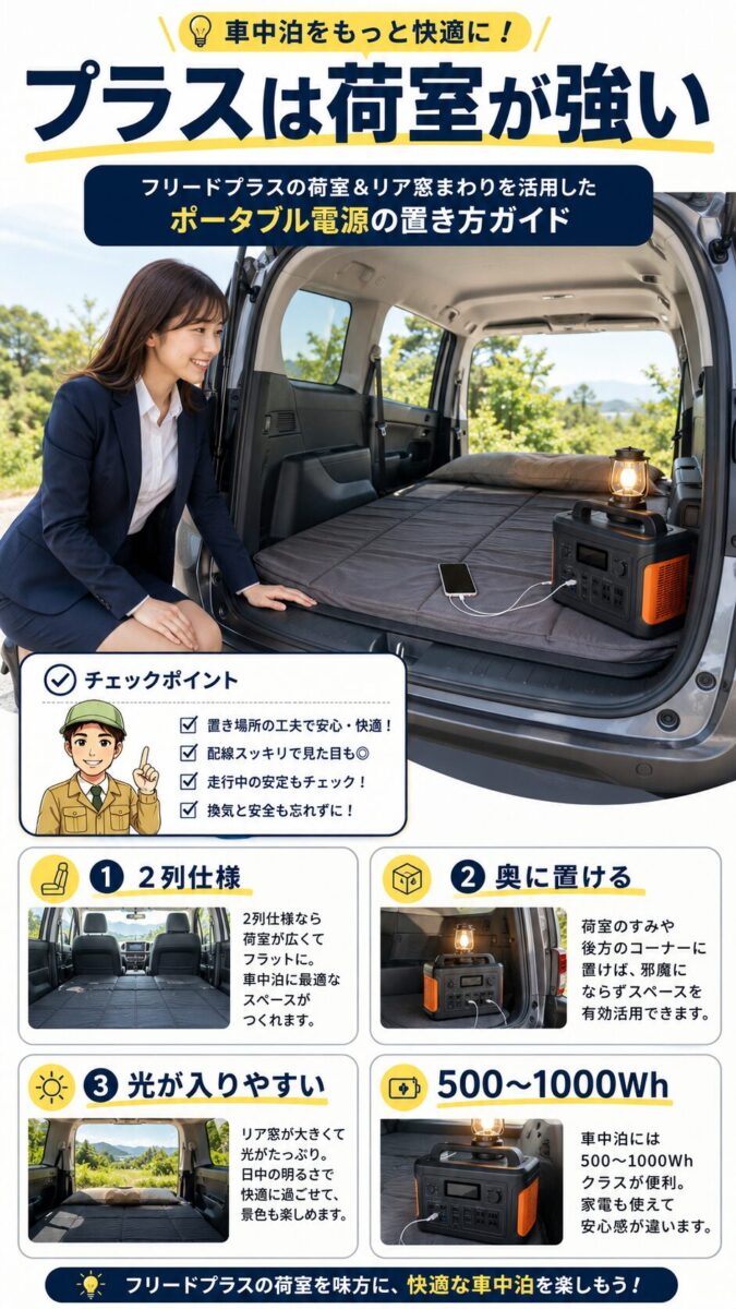 フリードプラスの荷室にポータブル電源を配置する車中泊レイアウト画像