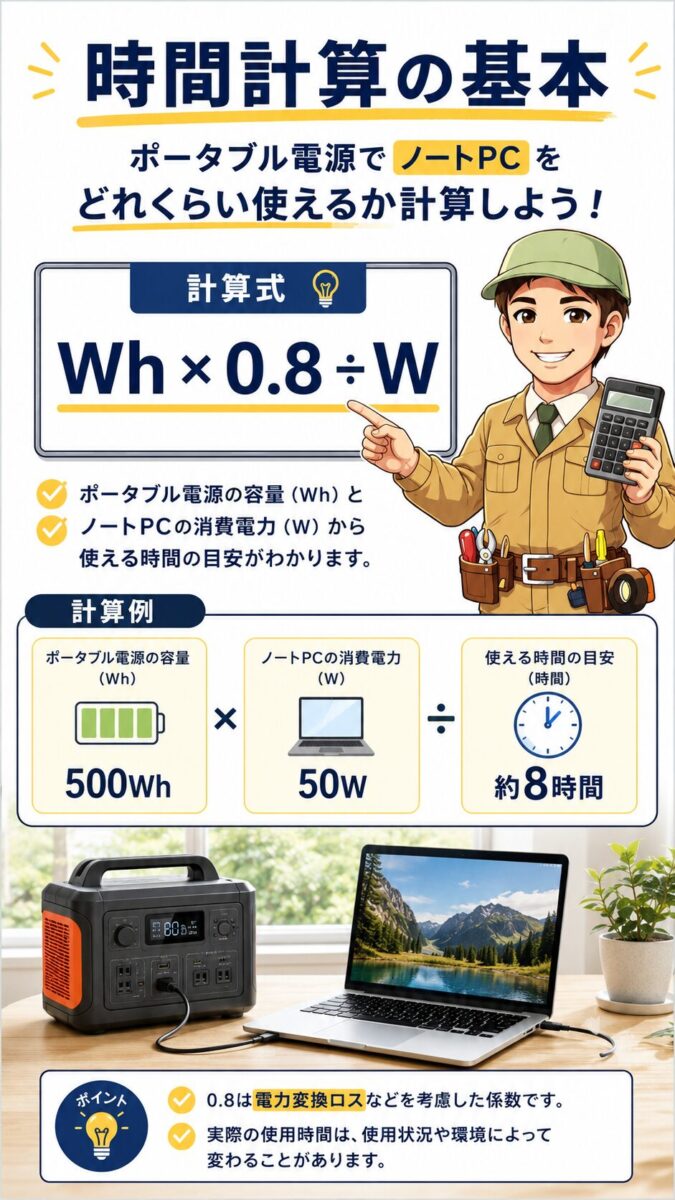ポータブル電源の容量Whとノートパソコンの消費Wから使用時間を計算する画像