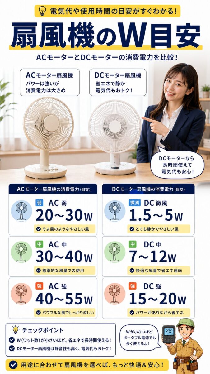 ACモーター扇風機とDCモーター扇風機の消費電力の違いを比較する画像