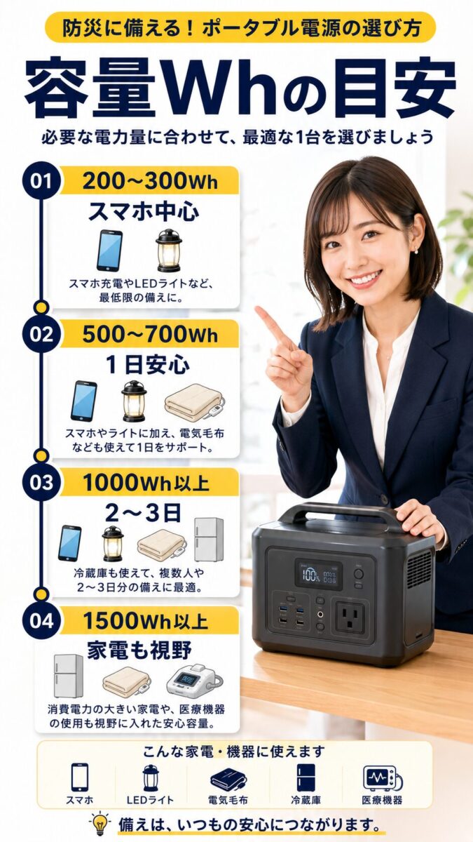 防災用ポータブル電源の容量目安をWh別に整理した画像