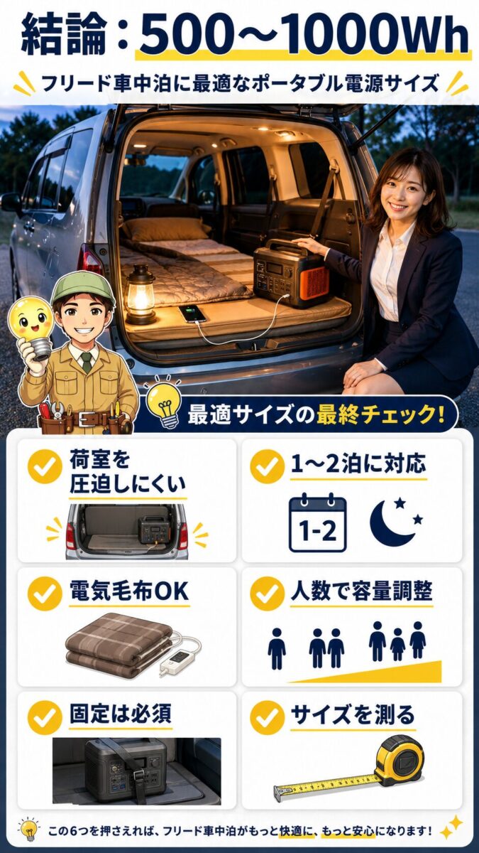 フリード車中泊に合うポータブル電源サイズ感をまとめた画像