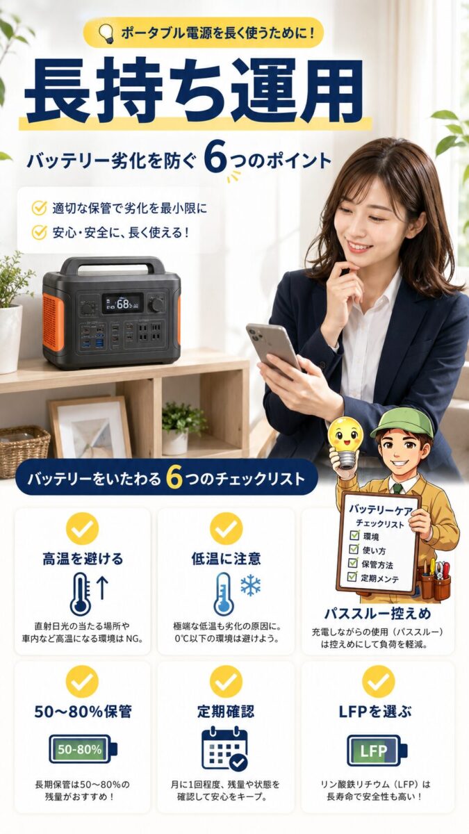 ポータブル電源のバッテリー劣化を防ぐ保管と運用のポイントを示す画像