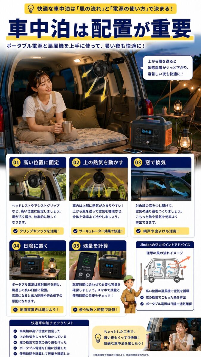 キャンプや車中泊でポータブル電源と扇風機を効率よく設置するポイントを示す画像