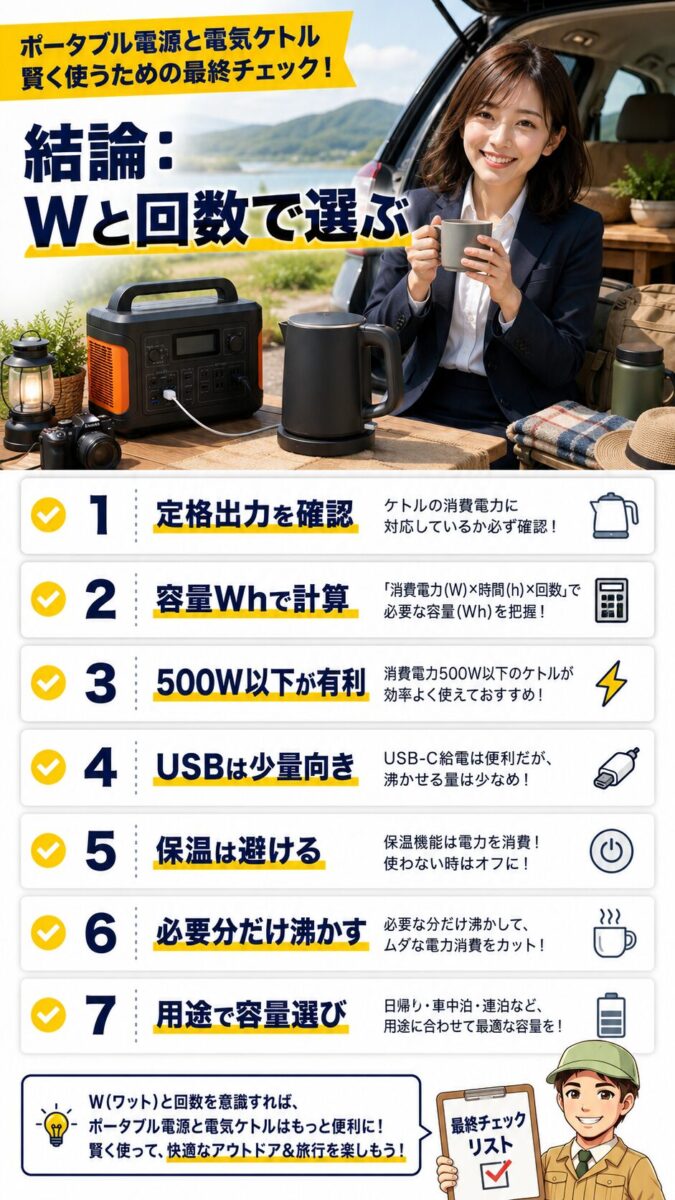 ポータブル電源と電気ケトルを上手く組み合わせるための最終チェックリスト画像