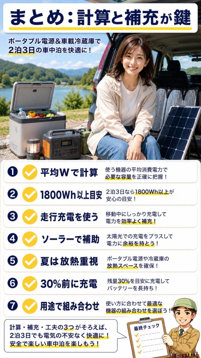 ポータブル電源と車載冷蔵庫で2泊3日の車中泊を成功させる最終チェックリスト画像