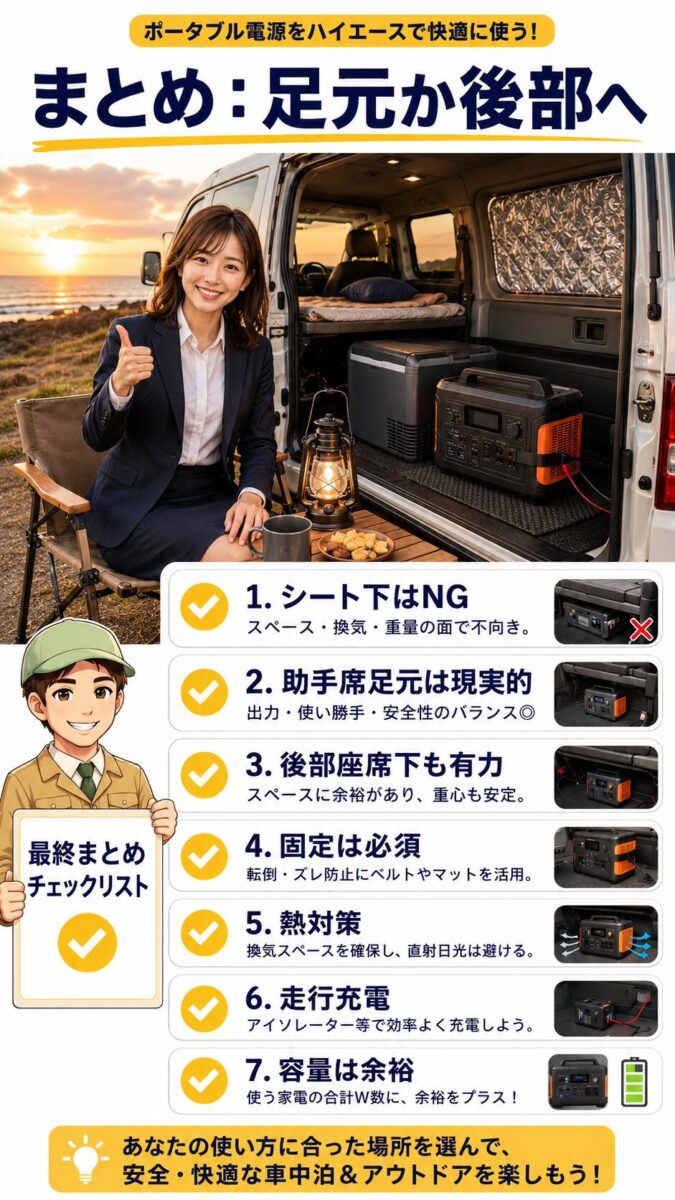 ハイエースへのポータブル電源設置を足元や後部に固定して安全に使うポイントをまとめた画像