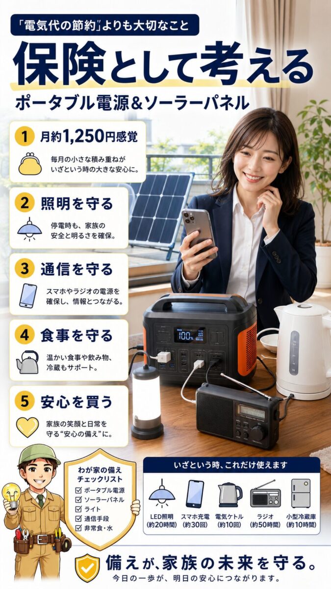 ポータブル電源とソーラーパネルを電気代節約ではなく非常時の保険として考える画像