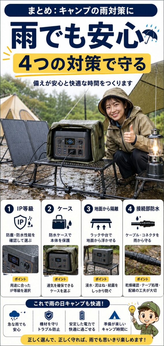 防水防塵対策を整えた雨のキャンプ場で安心してポータブル電源を使う