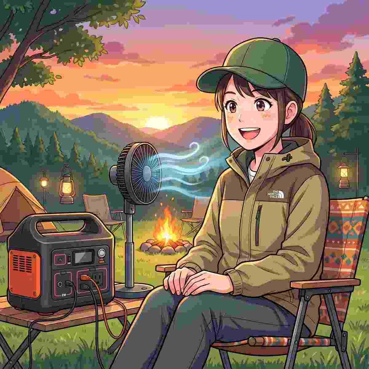 夕焼けのキャンプサイトでポータブル電源とDCモーター扇風機の涼しい風を楽しむ20代女性キャンパーのイラスト