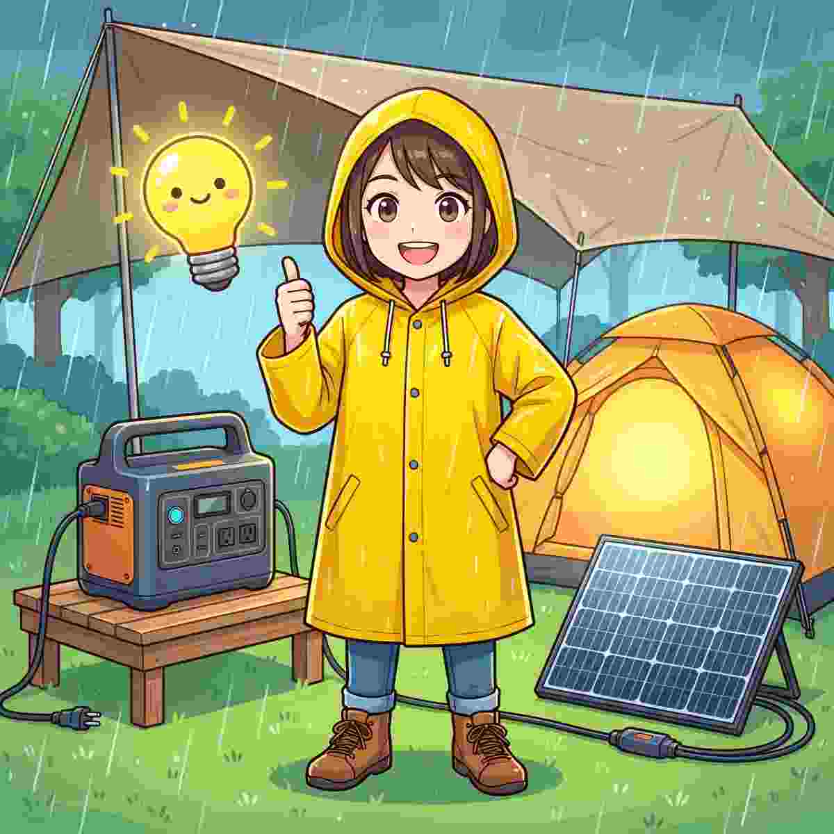 防水対策が整った雨のキャンプサイトでサムズアップする女性キャンパーのイラスト