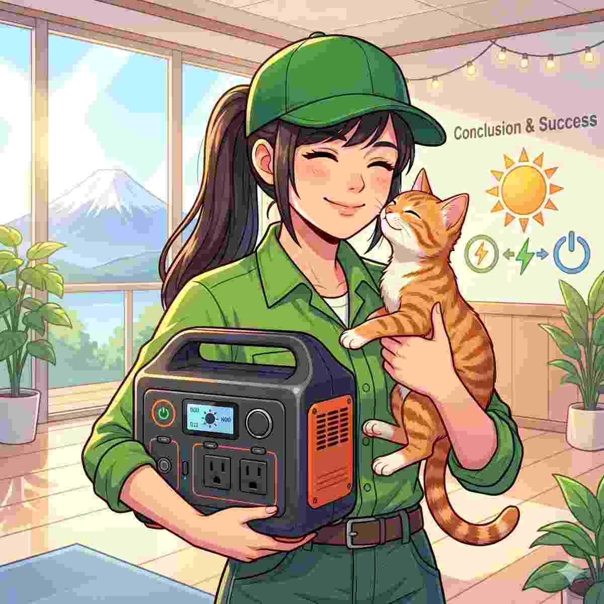 ポータブル電源を抱えて満足そうに微笑む20代日本人女性と腕の中の子猫