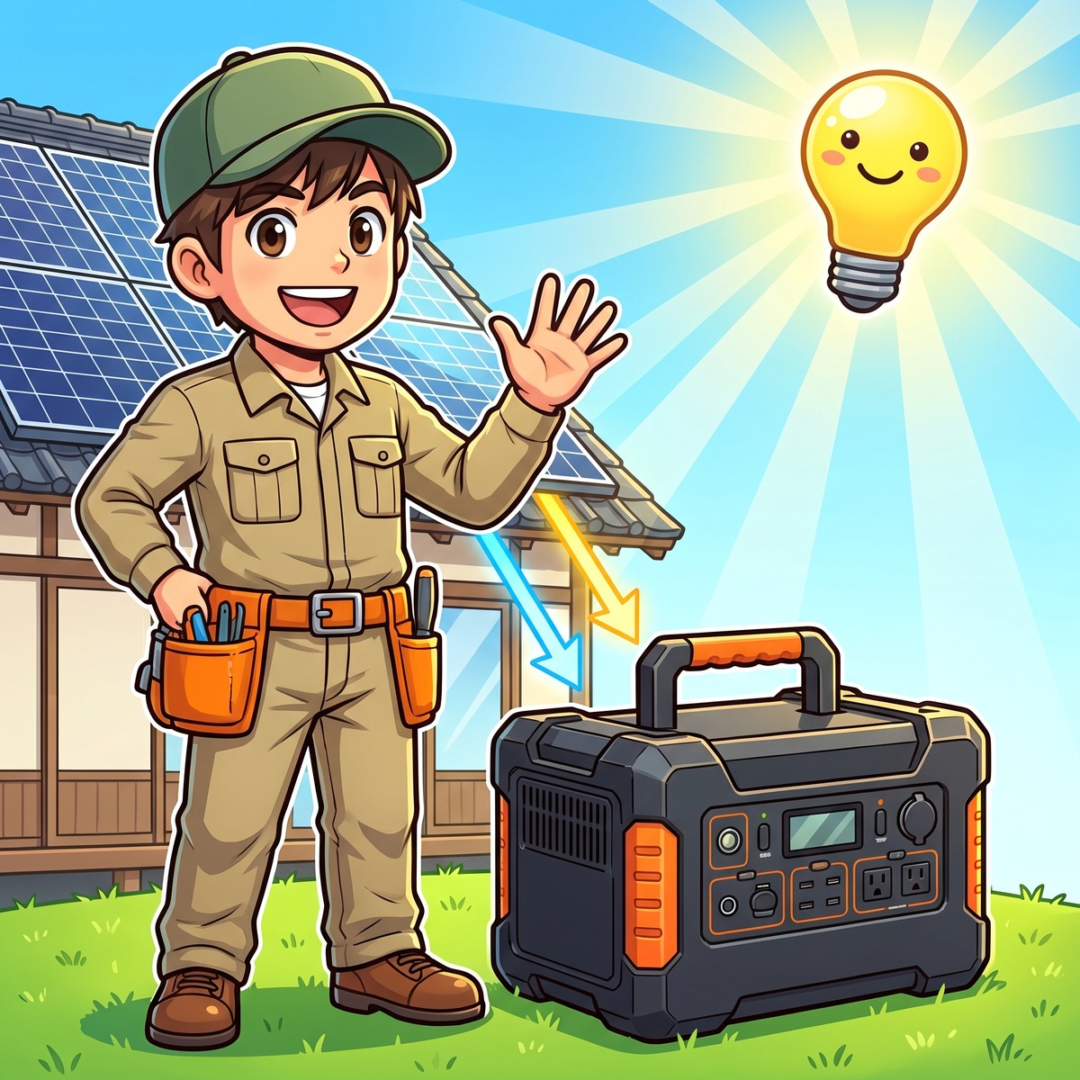 屋根のソーラーパネルからポータブル電源へエネルギーが流れる様子を示すジンデンのイラスト