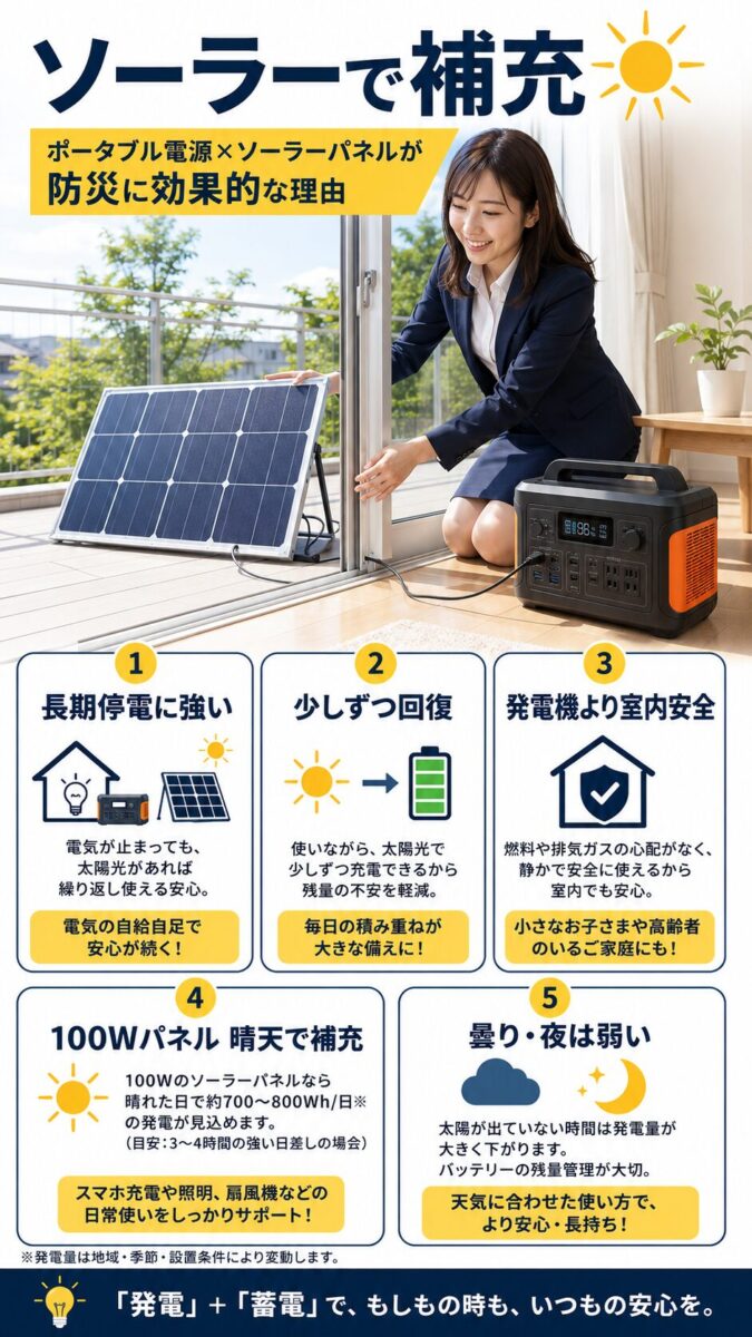 ポータブル電源とソーラーパネルを併用する防災メリットを説明した画像
