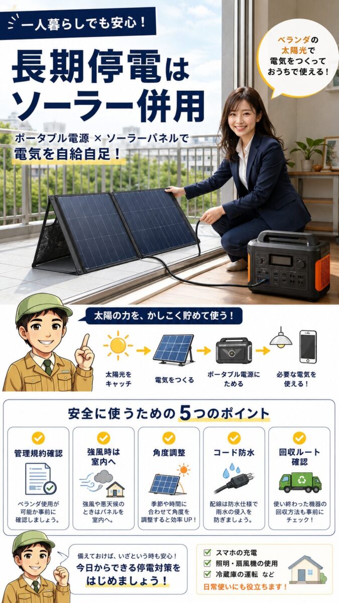 ポータブル電源とソーラーパネルを組み合わせて長期停電に備える画像