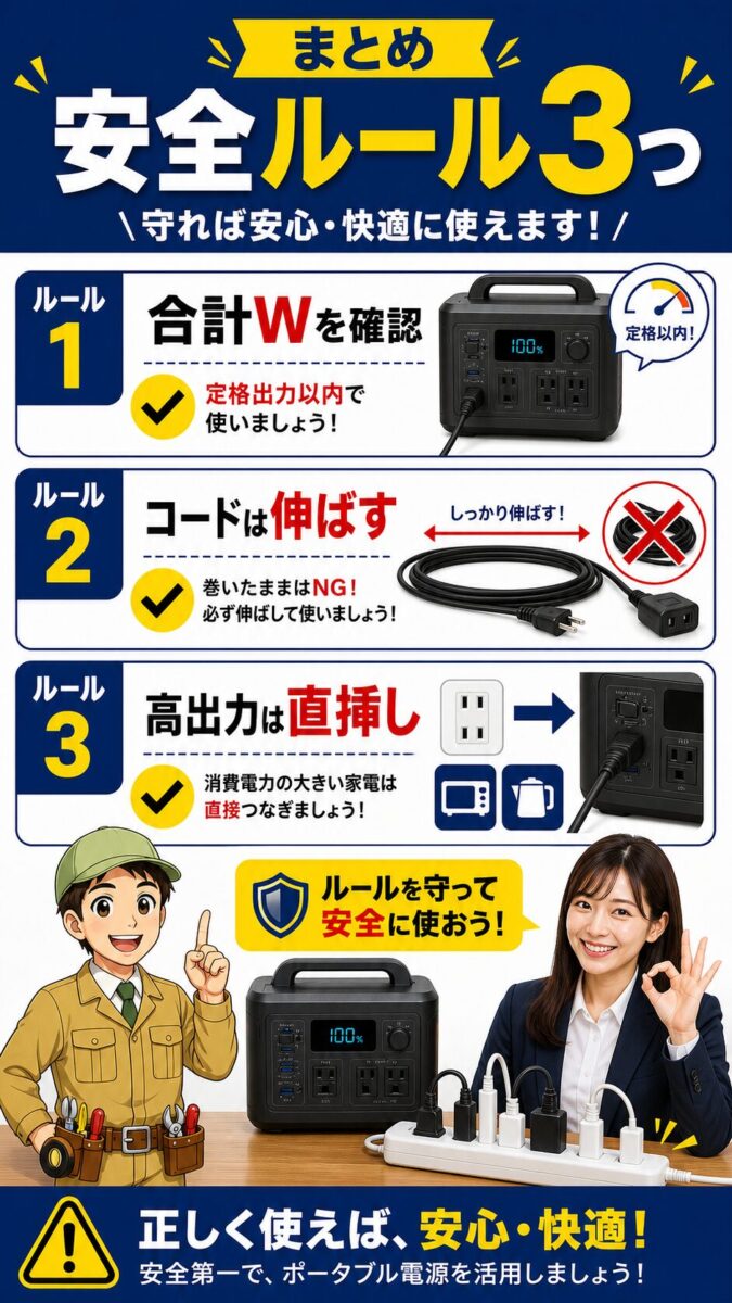 ポータブル電源のタコ足配線と延長コード利用の安全ルールをまとめた画像
