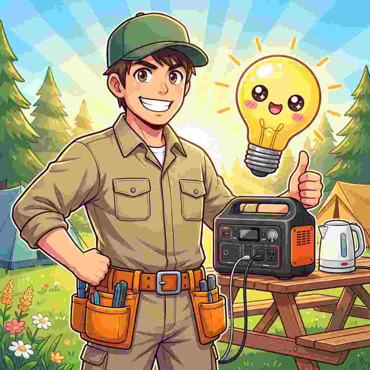 ポータブル電源と電気ケトルのセットの前でかわいい電球マスコットと共にサムズアップするジンデンのイラスト
