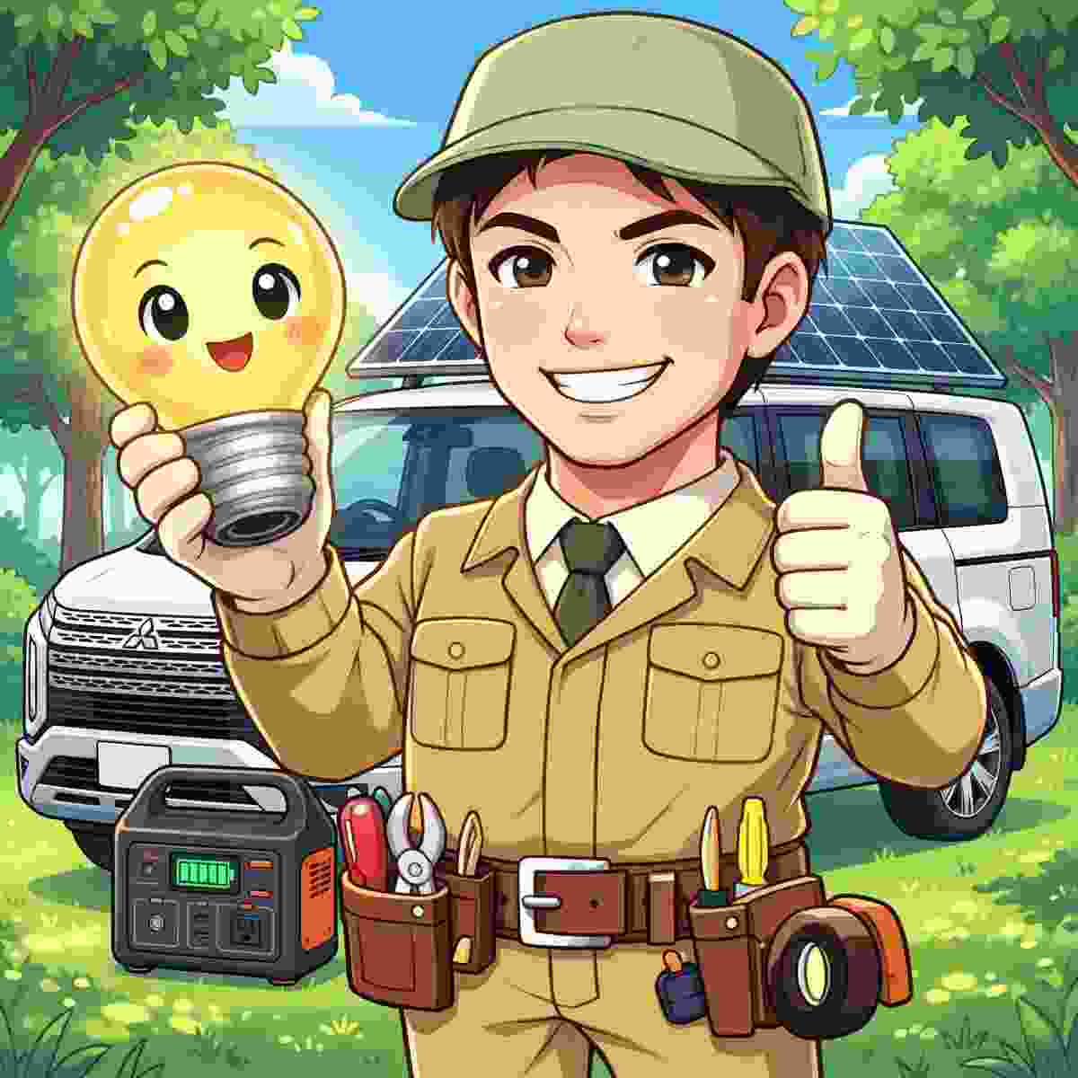 デリカD5とソーラーパネル・ポータブル電源の最適な組み合わせを紹介するジンデンのイラスト