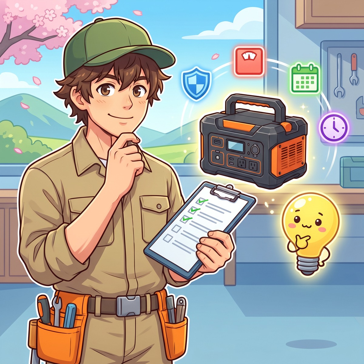 チェックリストを持ちポータブル電源の注意点を確認するジンデンのイラスト