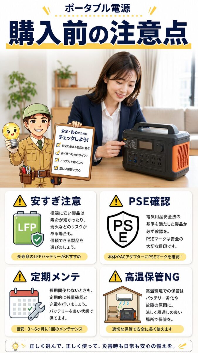 ポータブル電源を購入する前に確認すべき安全性や保管の注意点を示した画像
