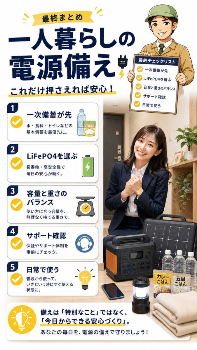一人暮らしの防災にポータブル電源を活かすための5つのポイントをまとめた画像