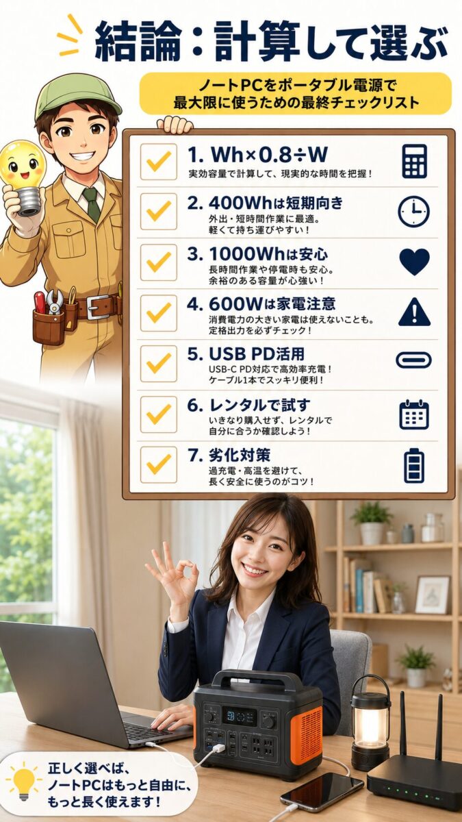 ポータブル電源でノートパソコンの稼働時間を最大化する要点をまとめた画像