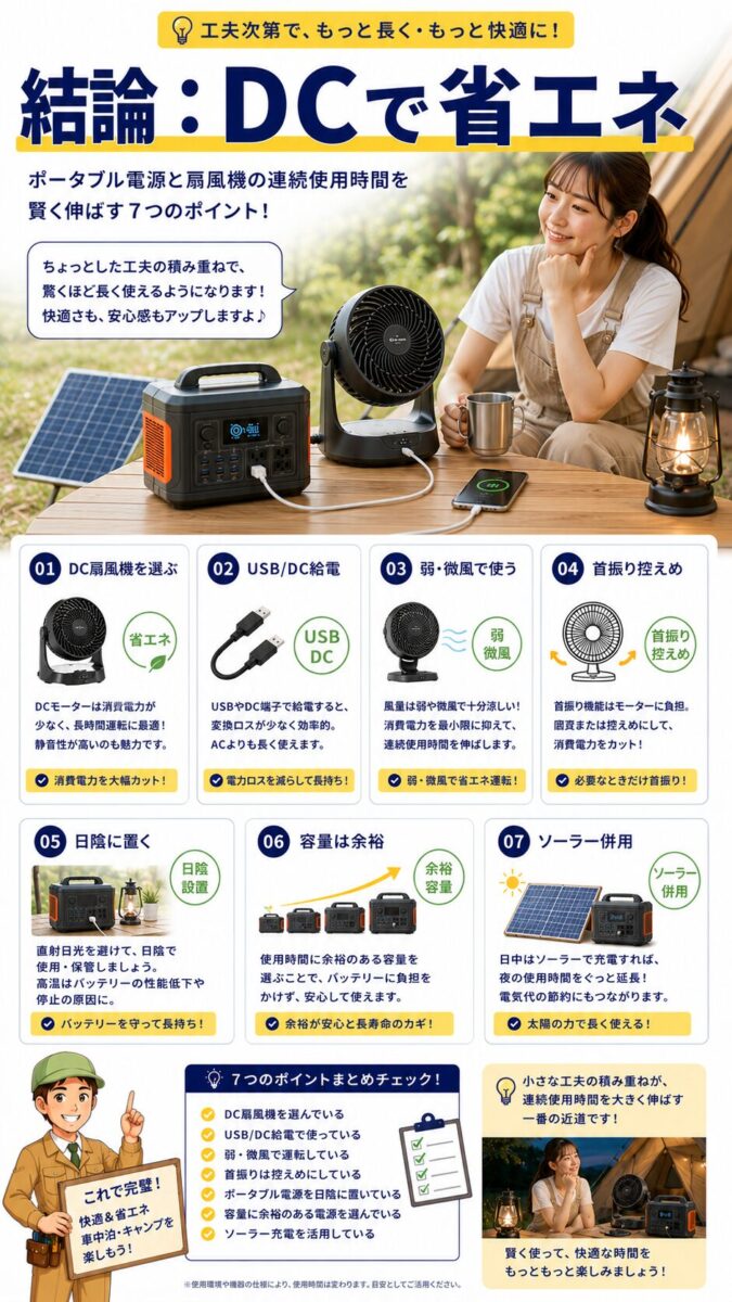 ポータブル電源と扇風機の連続使用時間を伸ばす要点をまとめた画像