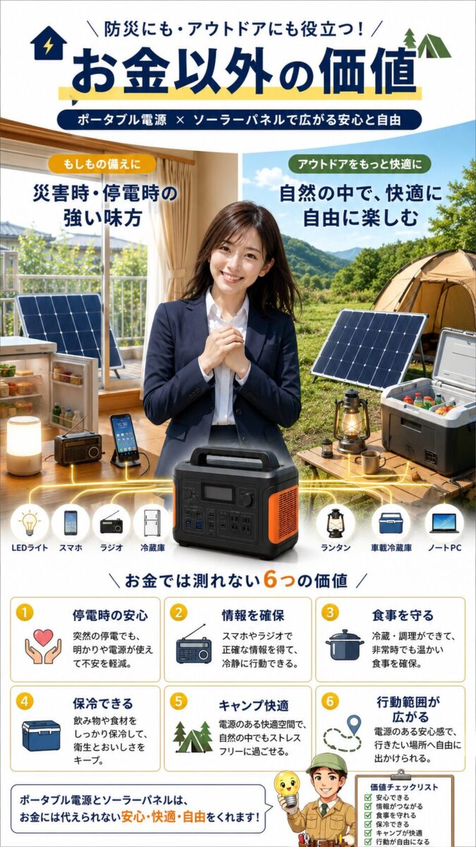 防災とアウトドアで得られるポータブル電源とソーラーパネルの非金銭的価値を示す画像 H3-12|