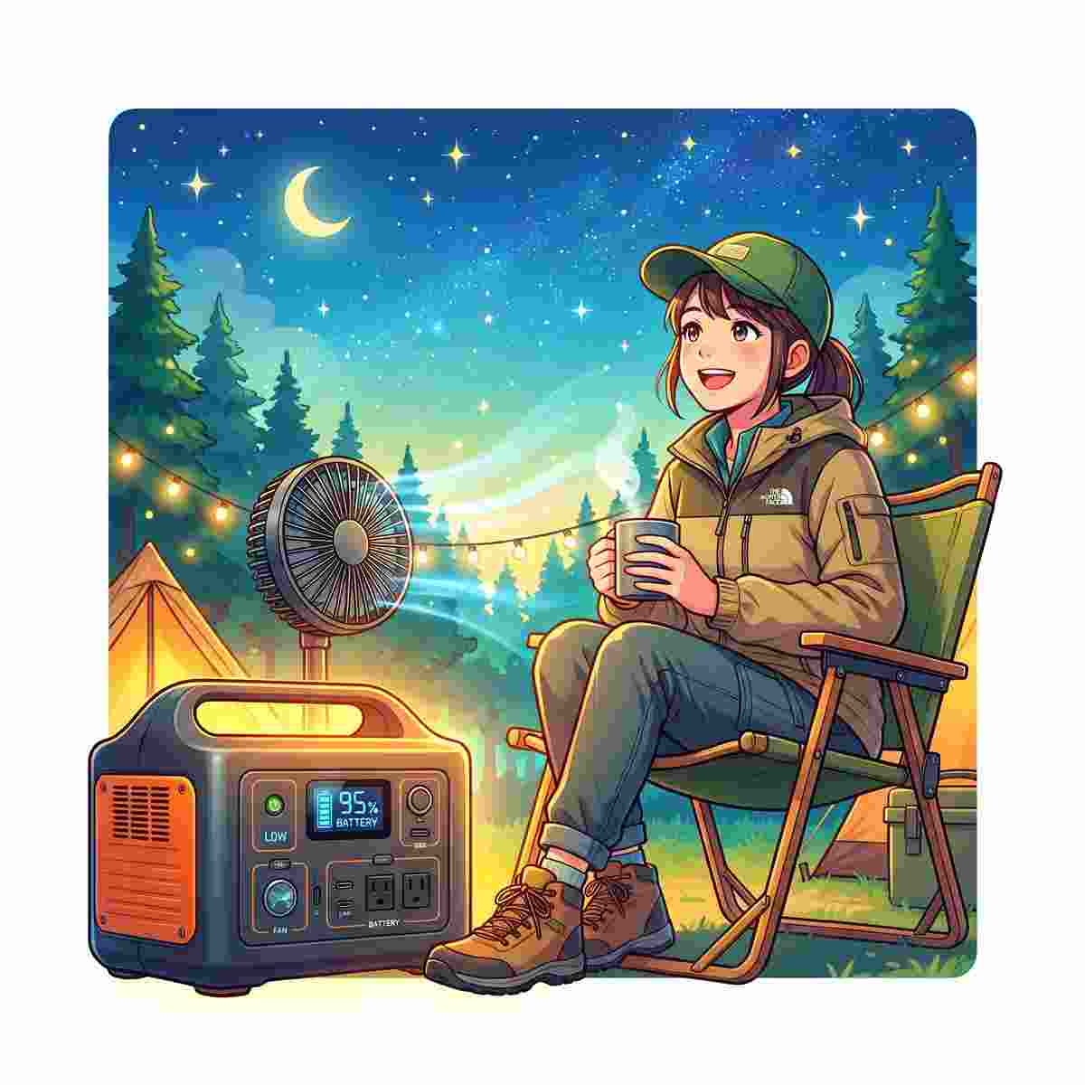 星空のキャンプサイトで弱風設定の扇風機とポータブル電源でリラックスする20代女性キャンパーのイラスト