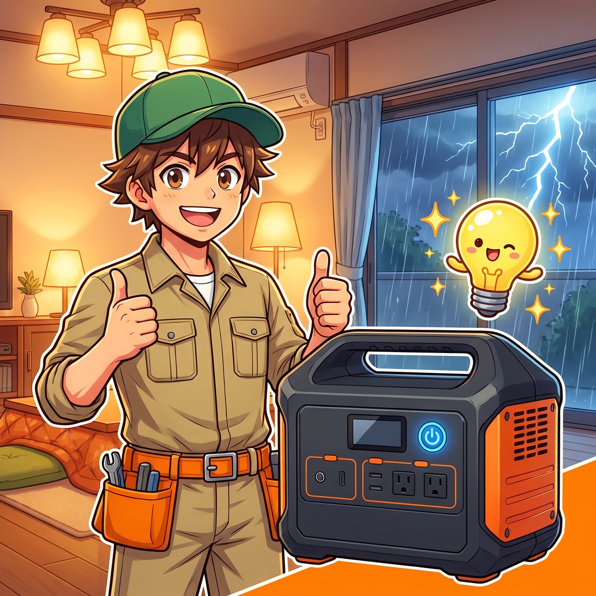 嵐の夜に明るい室内でポータブル電源の前でダブルサムズアップするジンデンのイラスト