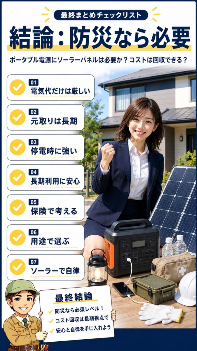 ポータブル電源にソーラーパネルが必要か、元が取れるかの結論をまとめた画像