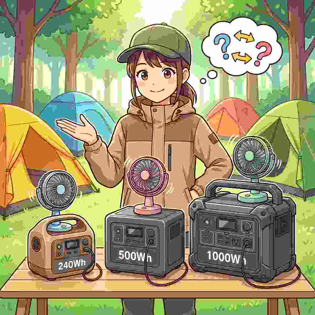 240Wh・500Wh・1000Whの3種類のポータブル電源と扇風機を比較する20代女性キャンパーのイラスト