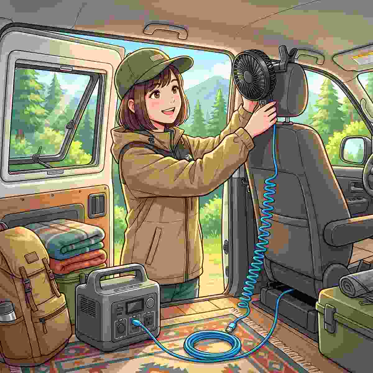 車中泊バンの車内でクリップ扇風機をヘッドレストに取り付けポータブル電源をフロアに設置する20代女性キャンパーのイラスト