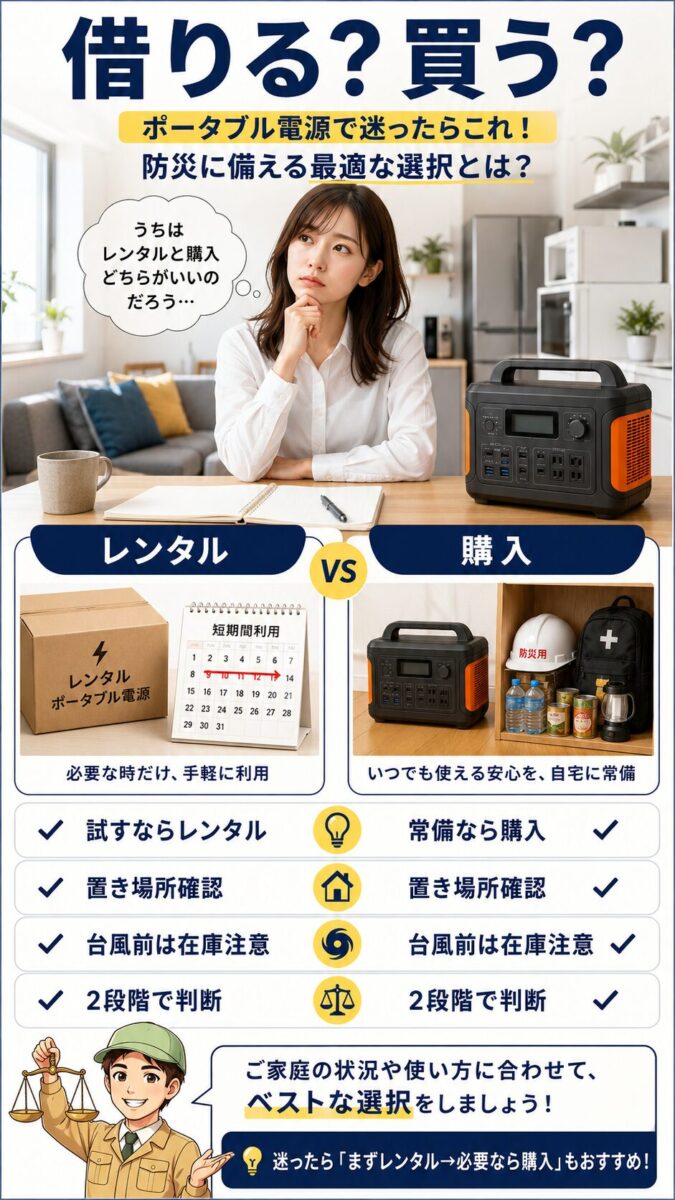 ポータブル電源のレンタルと購入の違いを比較する画像