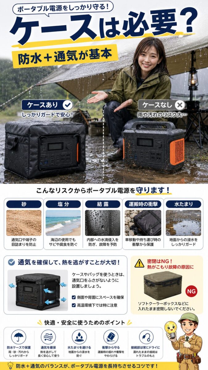 ポータブル電源に防水ケースを使うメリットと密閉による排熱リスクを比較する