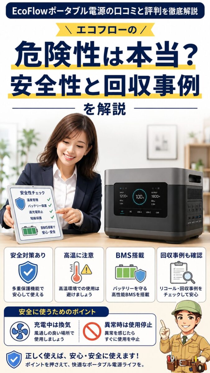 EcoFlowポータブル電源の安全性や回収事例について解説するインフォグラフィック画像