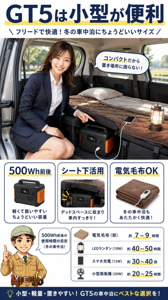 フリードGT5の車中泊で500Wh前後のポータブル電源を使う設置例画像