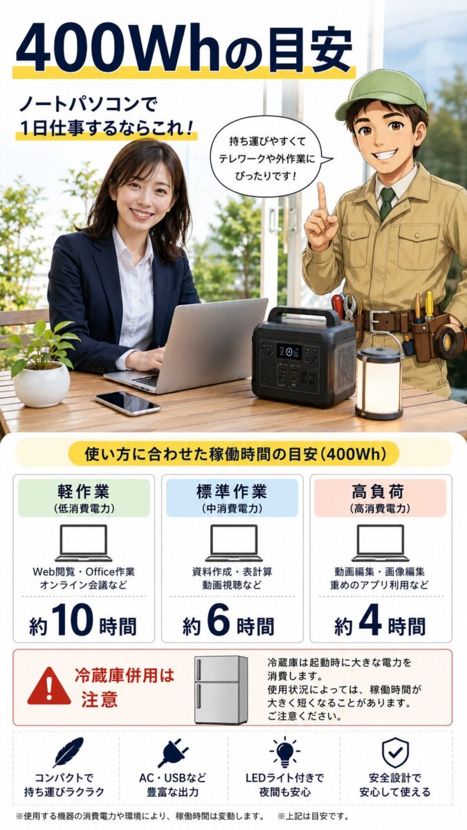 400Whのポータブル電源でノートパソコンを使える時間の目安を示す画像