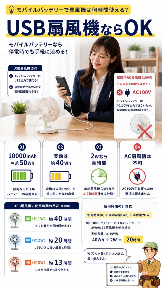 モバイルバッテリーでUSB扇風機を使える時間とAC扇風機が使えない理由を示す画像