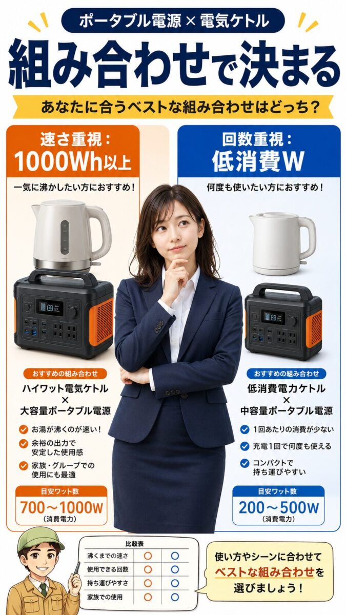 ポータブル電源と電気ケトルのおすすめ組み合わせを消費電力別に比較する画像