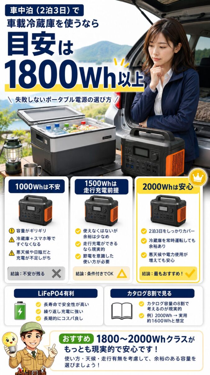 2泊3日の車中泊で冷蔵庫を動かすために必要なポータブル電源容量を比較する画像