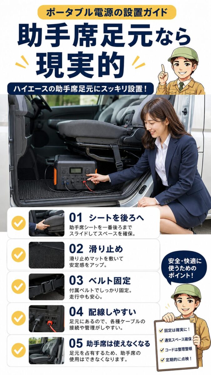 ハイエースの助手席足元にポータブル電源を置き滑り止めとベルトで固定する方法を示す画像