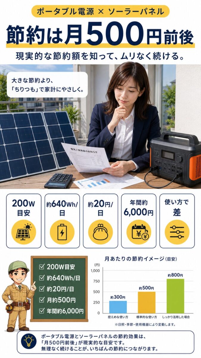 ポータブル電源とソーラーパネルによる現実的な電気代節約額を示す画像