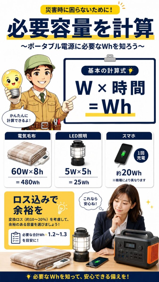 ポータブル電源の必要容量をWと使用時間から計算する方法を示した画像